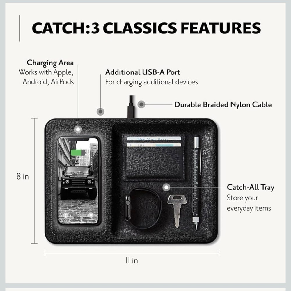 Courant Catch:3 Italian Leather Wireless Charging Station and Valet Tray (Black)
